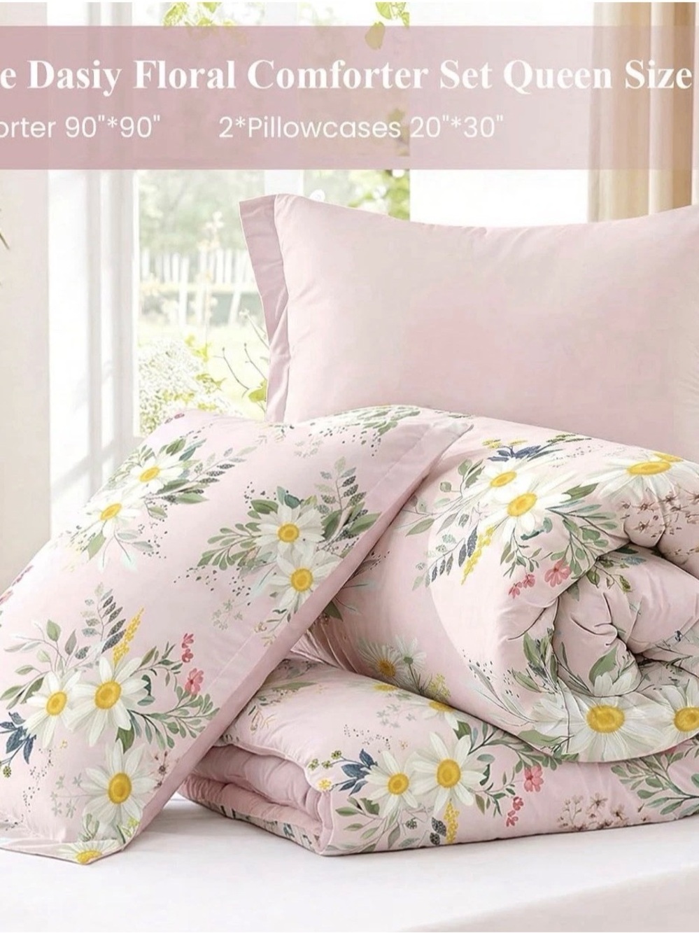3 Piece Amazon Pink Daisy Floral Comforter Set with Yellow Accents